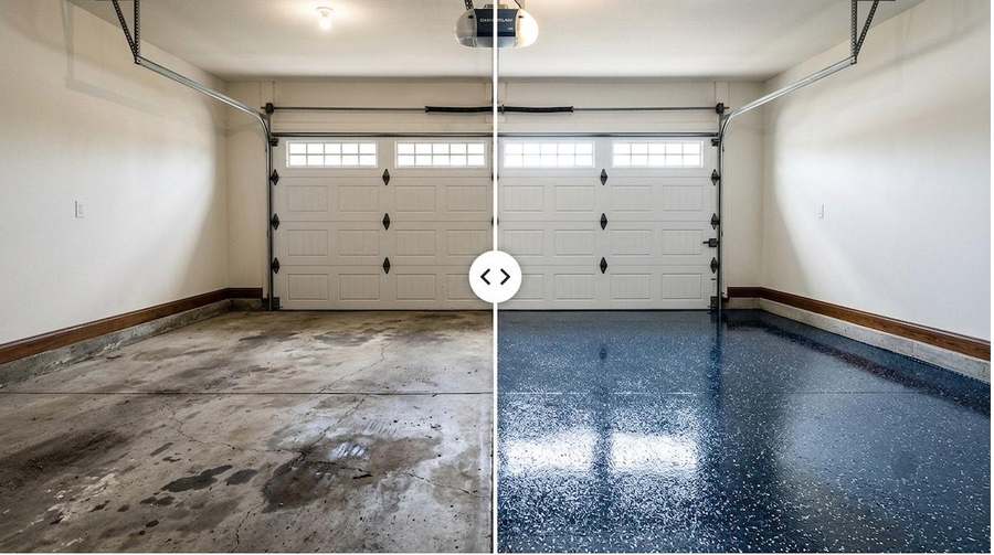 Garage floor comparison showing worn concrete on the left and glossy blue-black epoxy flake coating on the right